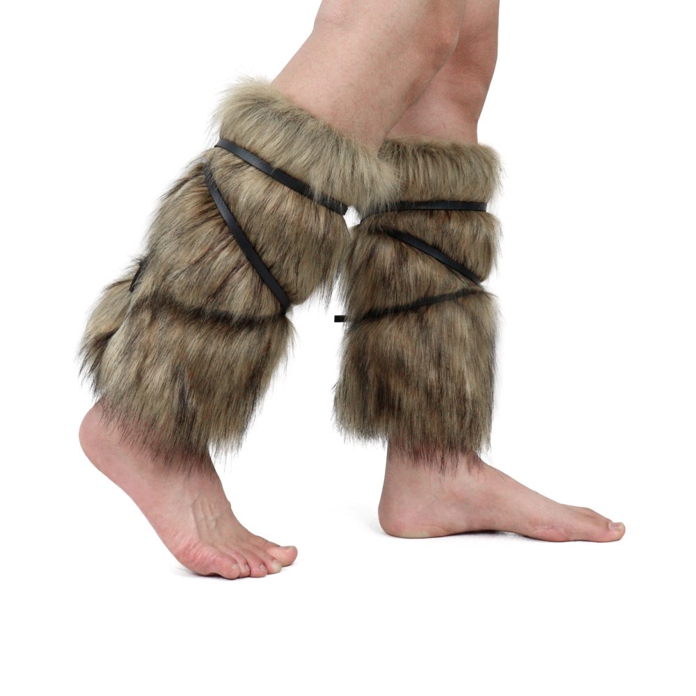 Zac's Alter Ego - Pair of Faux Fur Strapped Viking Leg Warmers Kostümzubehör - Braun